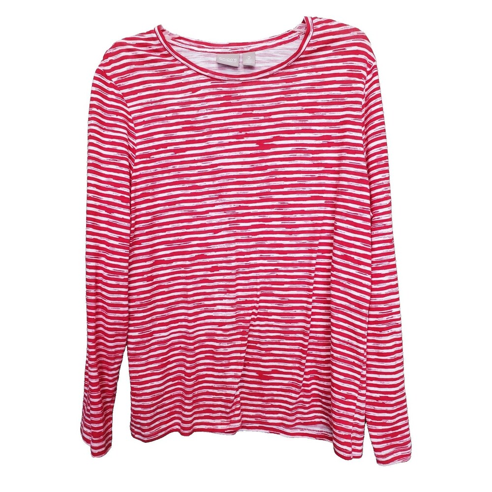 Chico's Cotton/Modal Red Striped Long Sleeve T-Shirt Size 2 Large